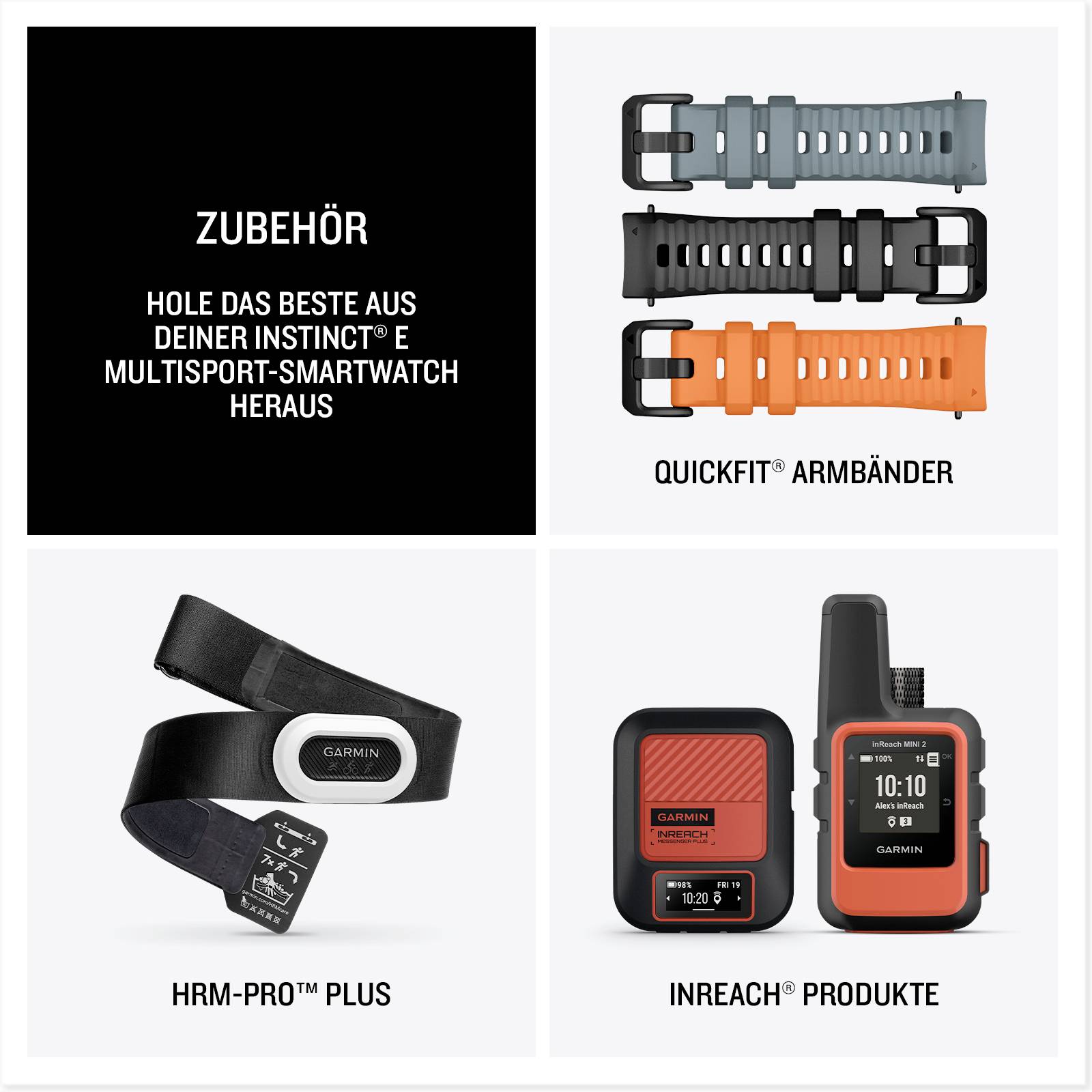 Accessories for Multisport Smartwatch: QuickFit Wristbands in grey and orange, HRM-Pro Plus Heart Rate Monitor Strap, InReach Products.