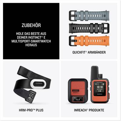 Accessories for Multisport Smartwatch: QuickFit Wristbands in grey and orange, HRM-Pro Plus Heart Rate Monitor Strap, InReach Products.