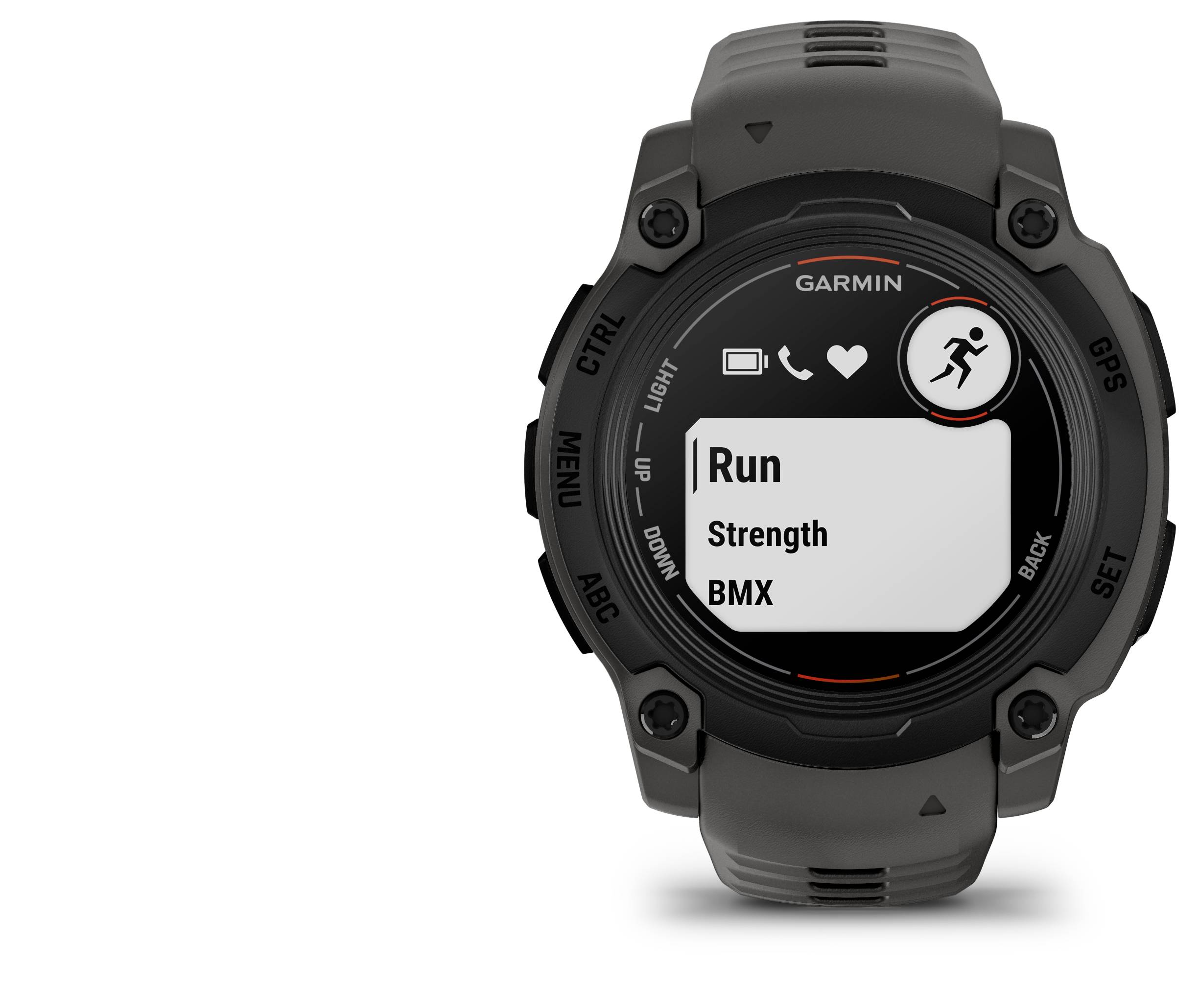The image shows a Garmin smartwatch with a display displaying activity options for 'Running', 'Strength', and 'BMX'.