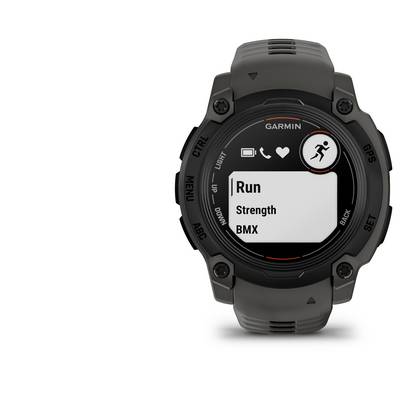 The image shows a Garmin smartwatch with a display displaying activity options for 'Running', 'Strength', and 'BMX'.