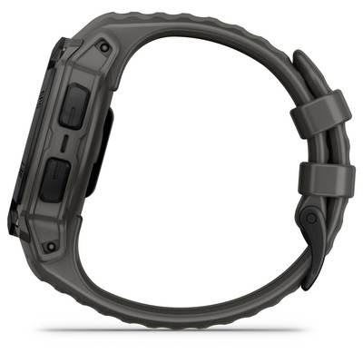 Side view of a robust, black wristwatch displaying the case frame and buttons. It has a textured strap.