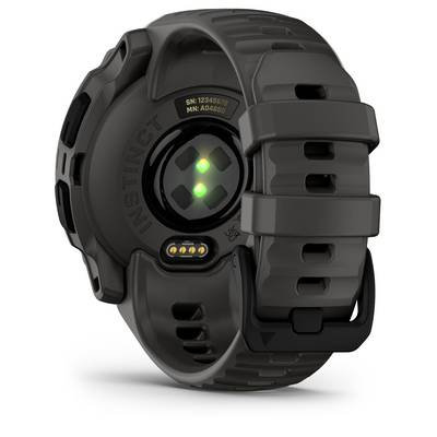 Rear view of a black smartwatch with a robust design and green LED sensors on the back for heart rate monitoring.
