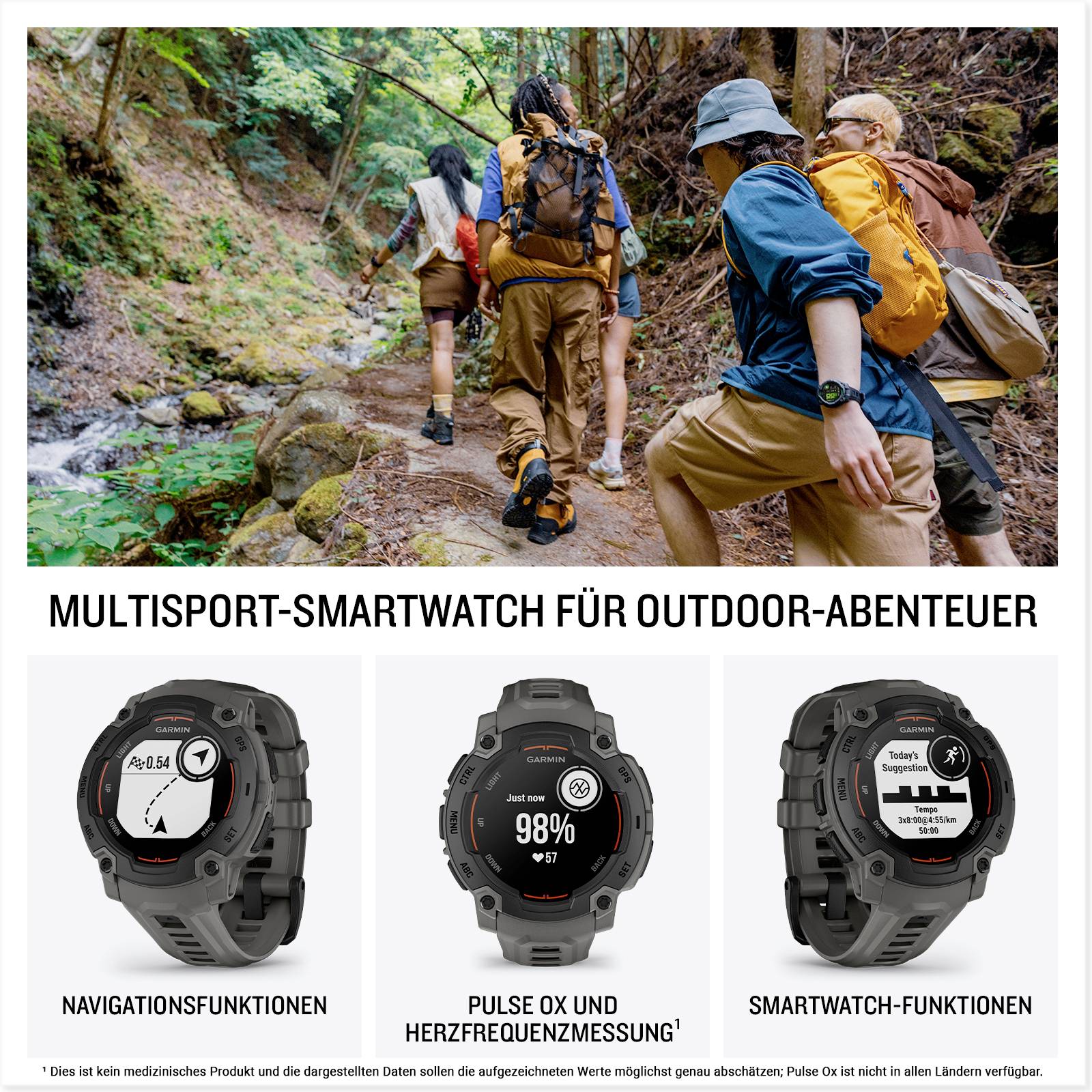 Group hiking in the woods. 'Multisport Smartwatch for Outdoor Adventures' with navigation functions, pulse oximetry, heart rate monitoring.