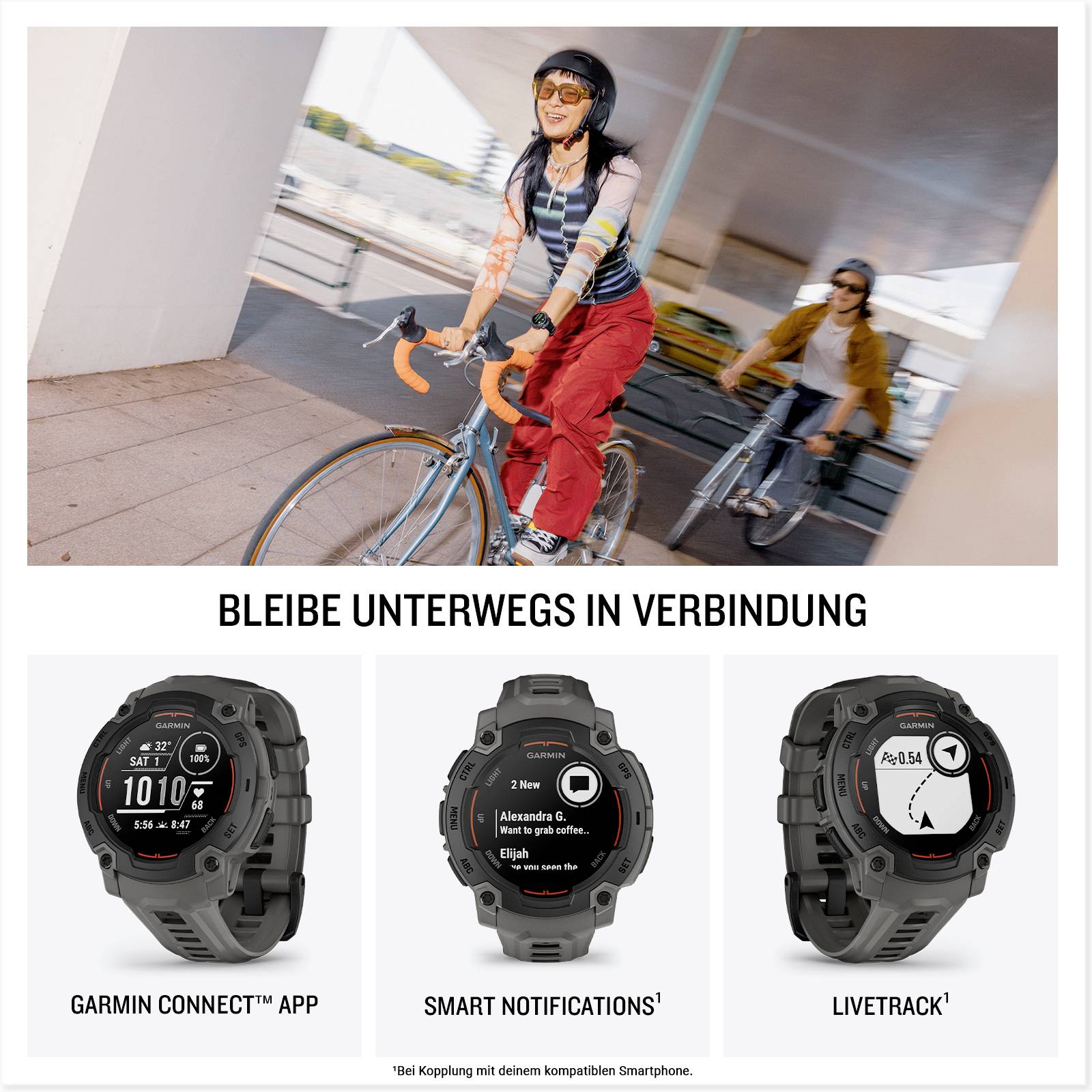Two people are cycling; underneath are three illustrations of a smartwatch with features: 'Garmin Connect', 'Smart Notifications', 'LiveTrack'. Text: 'Stay connected on the go'.
