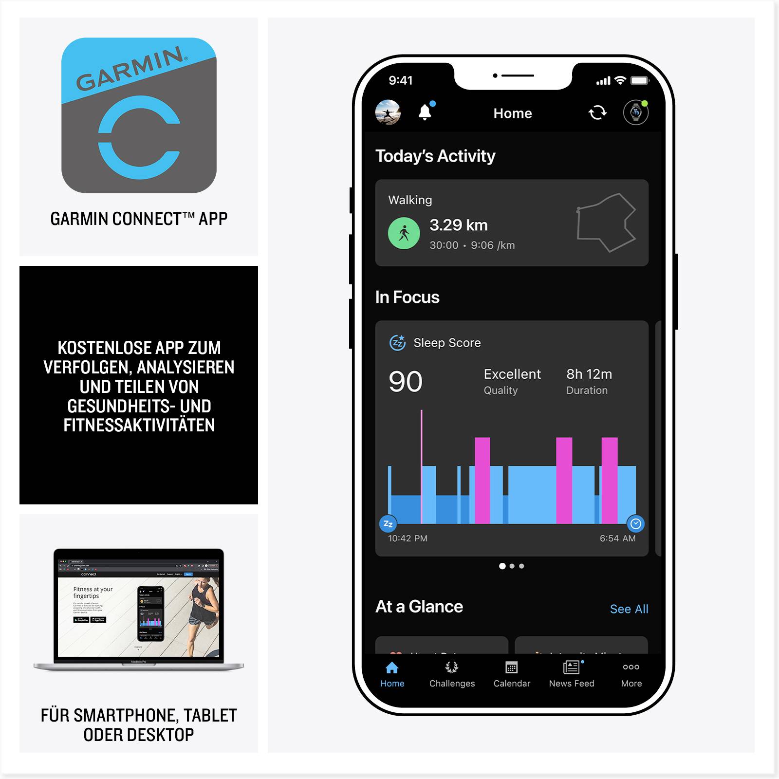 'Garmin Connect App' on smartphone screen. Shows activity data: Walking 3.29 km, Sleep Score 90, diagram for sleep quality. Available on tablet and desktop.