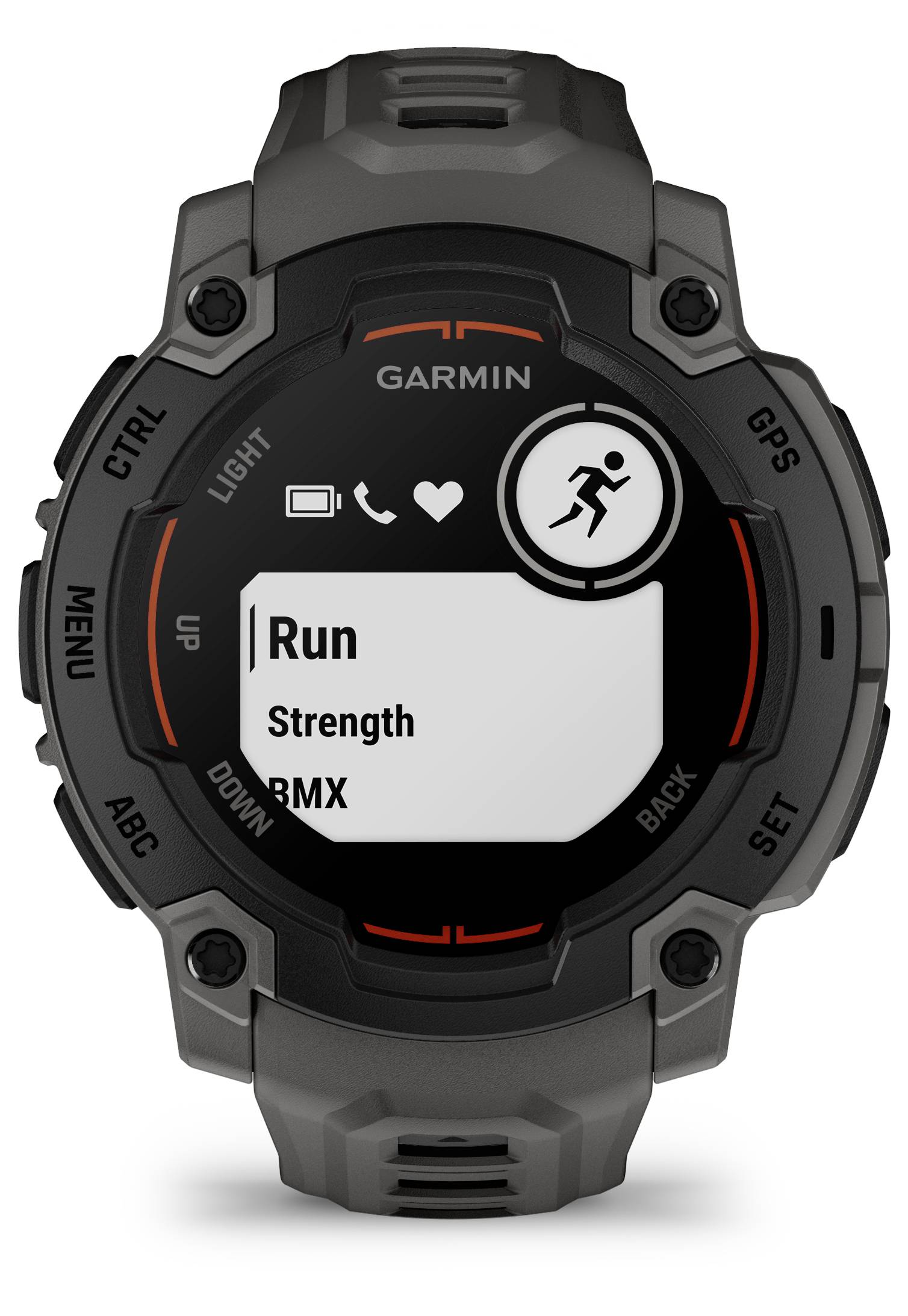 Black sports watch with digital displays: Activity menu shows 'Run', 'Strength', 'BMX'. Brand name at the top of the display.