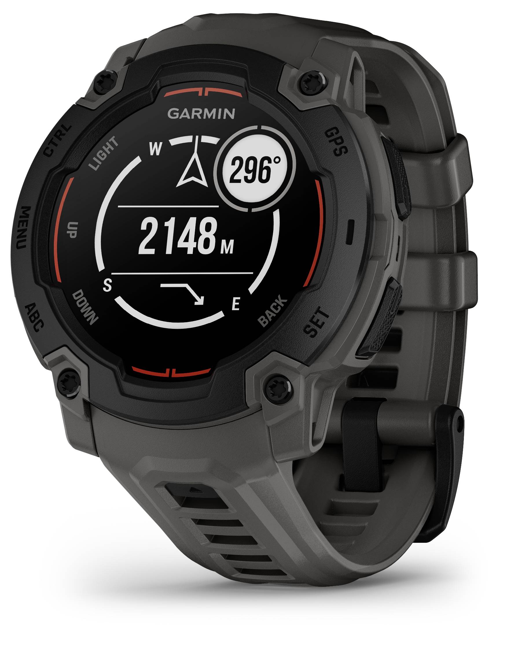 A robust smartwatch displays an altitude reading of 2,148 metres and a compass direction of 296 degrees.