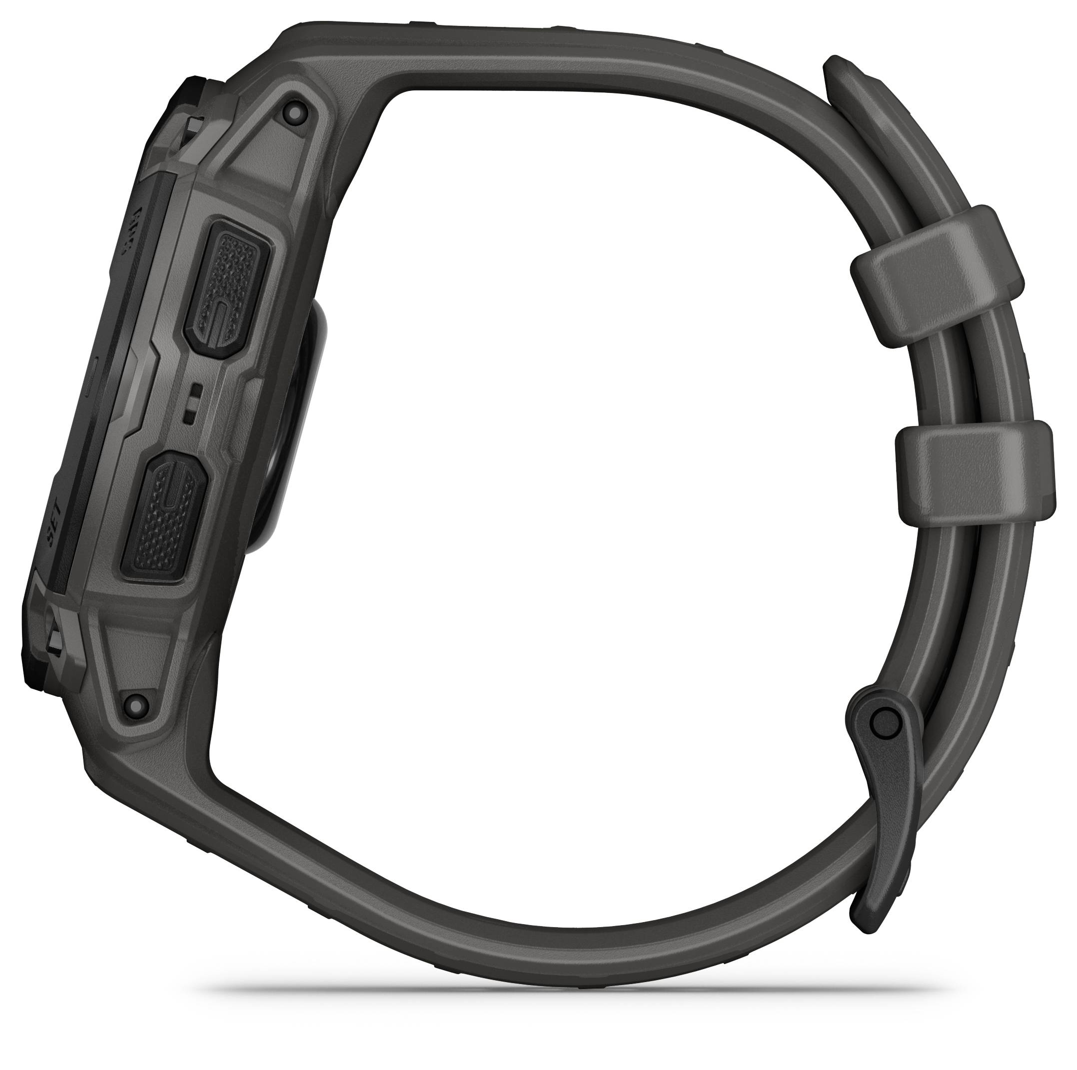A digital, robust outdoor watch with a grey case and strap, shown from the side, emphasises its rugged construction.