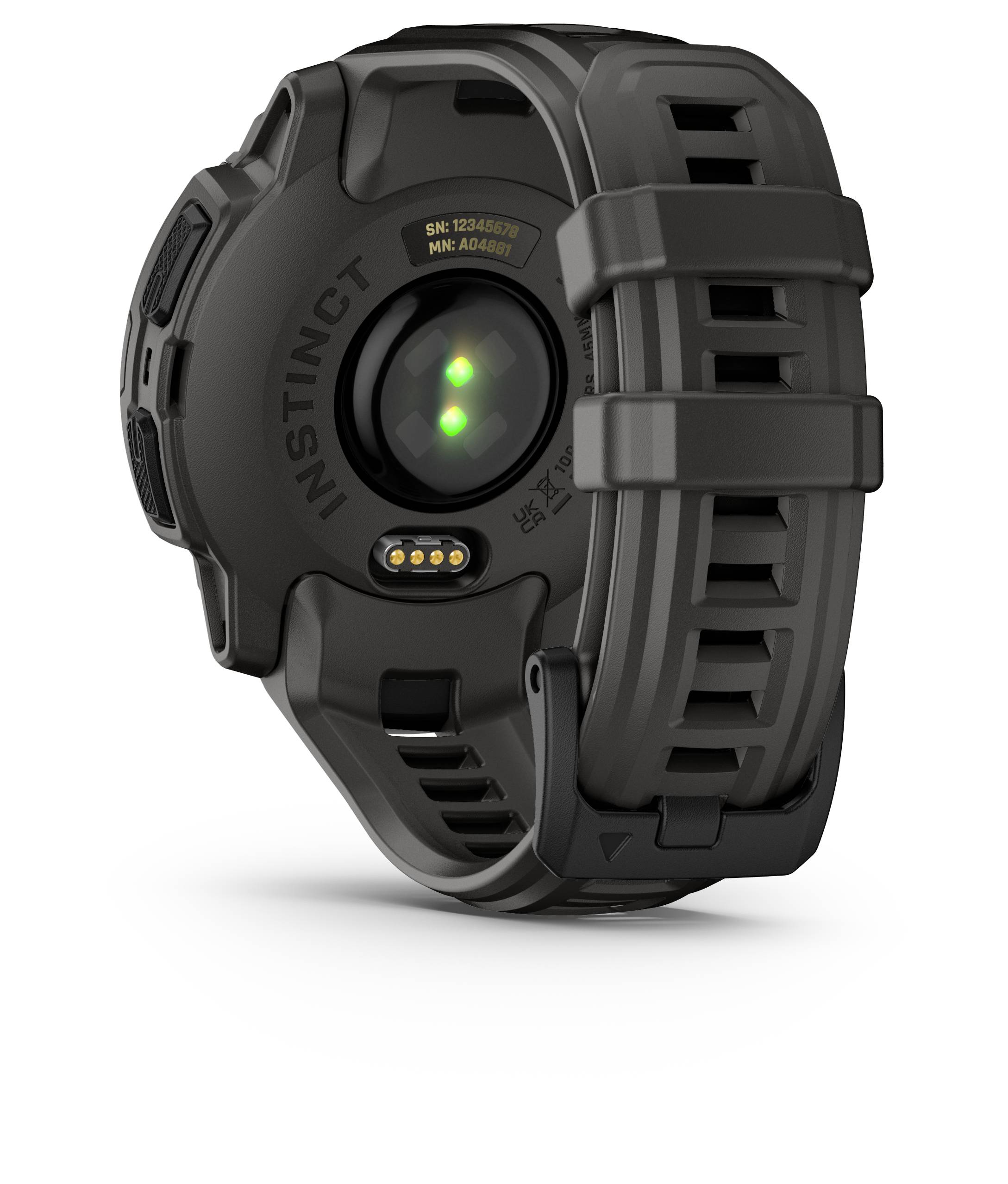 A black, robust sports watch with a silicone strap, rear view reveals heart rate monitoring sensors.