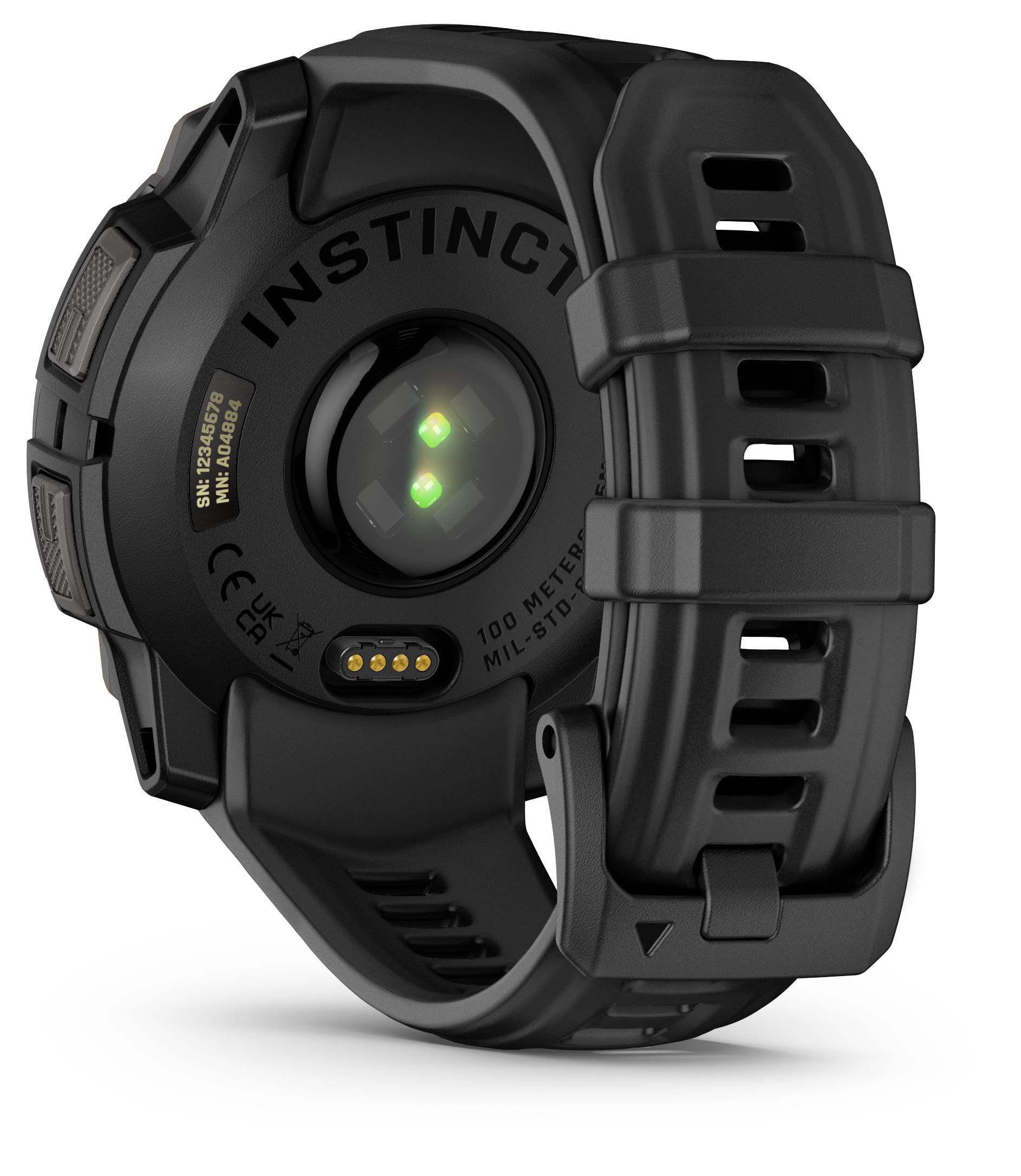 A black sports watch with a silicone strap, showing sensors on the back for heart rate monitoring.