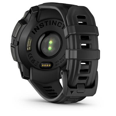 A black sports watch with a silicone strap, showing sensors on the back for heart rate monitoring.
