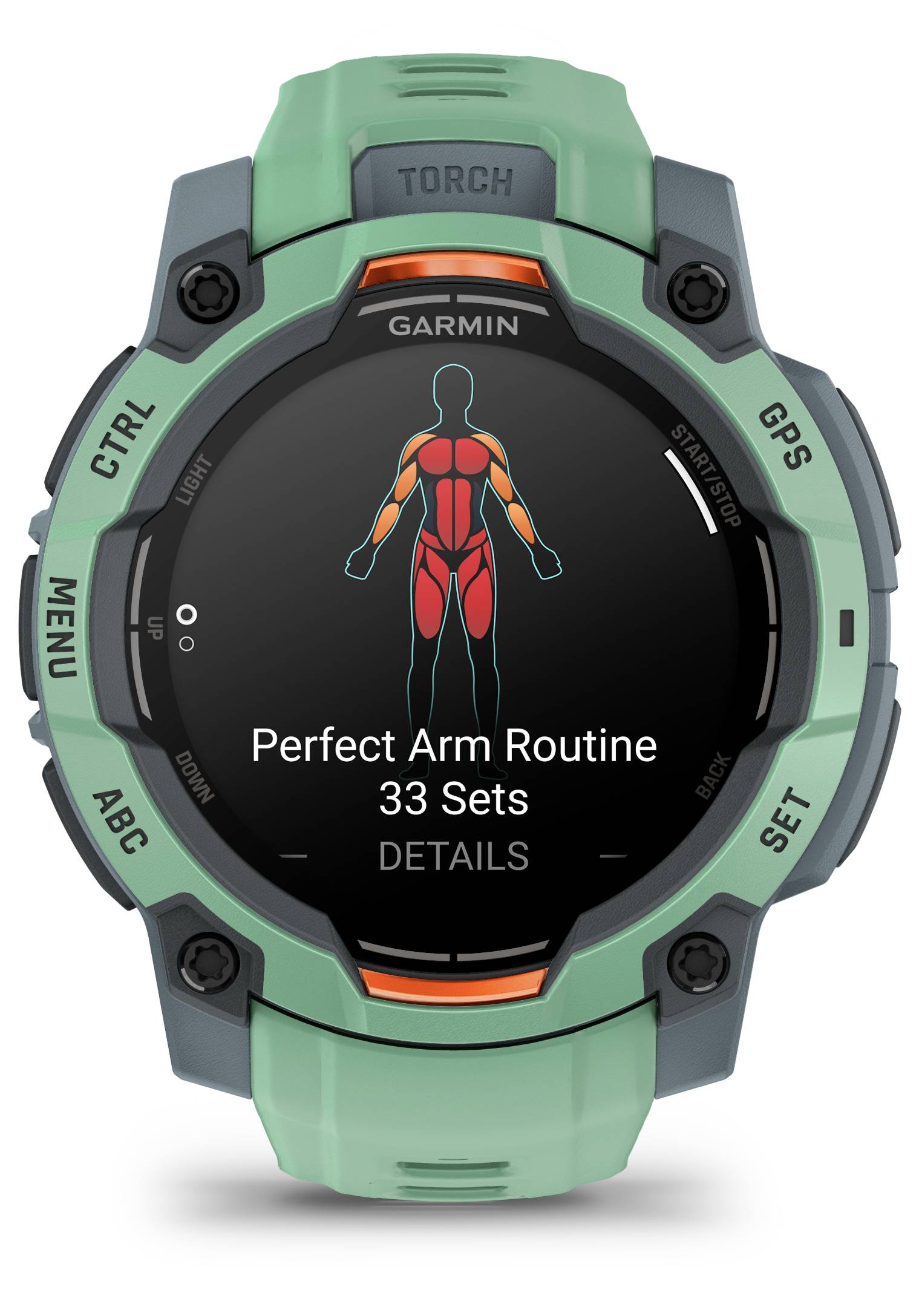 A Garmin watch displays the fitness programme 'Perfect Arm Routine' with 33 sets, alongside a schematic figure.