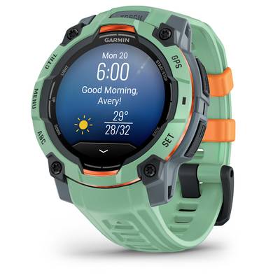 A smart green and orange clock shows 6:00, Monday, 20th. The screen displays news and weather: 29°C, 28/32.