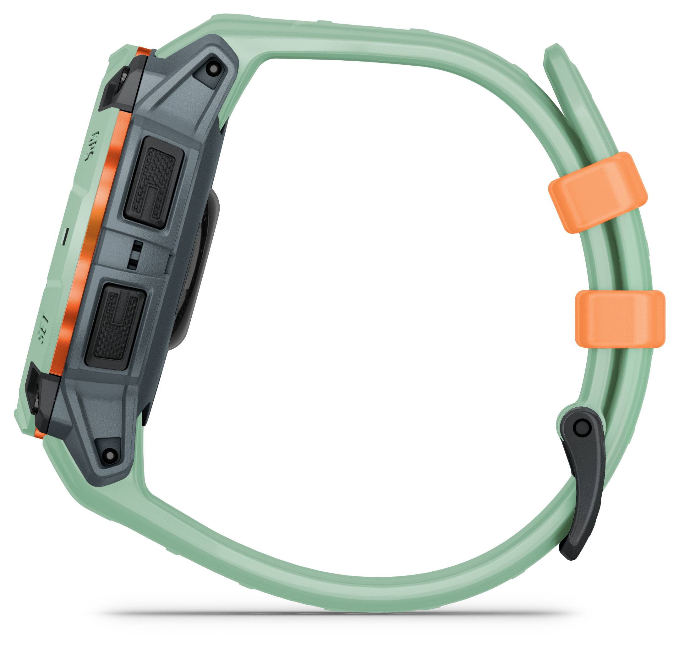 An outdoor smartwatch with a robust, green strap and a grey casing. It features multiple buttons and an orange accent.