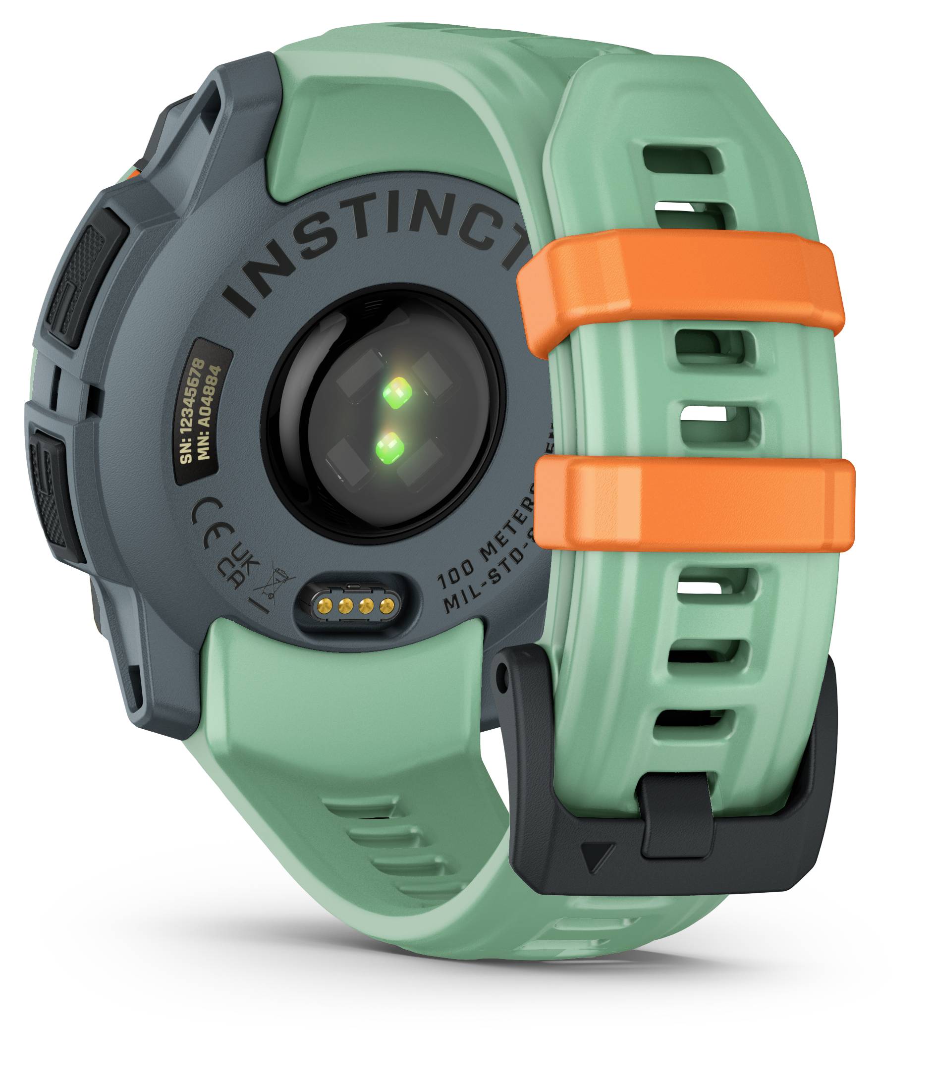 This watch has a turquoise strap with an orange stripe and a robust back, suitable for outdoor activities.
