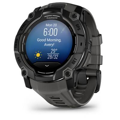 A black smartwatch displays the time 6:00 and the message 'Good Morning, Avery!', with weather information: sunny, 29 degrees.
