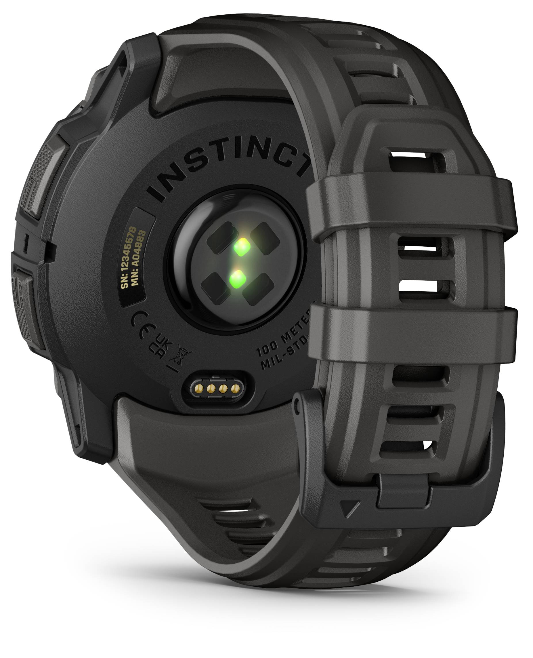A black smartwatch back with an optical heart rate sensor in the centre and the text 'INSTINCT' at the top.