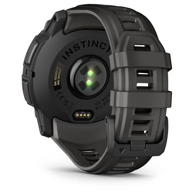A black smartwatch back with an optical heart rate sensor in the centre and the text 'INSTINCT' at the top.