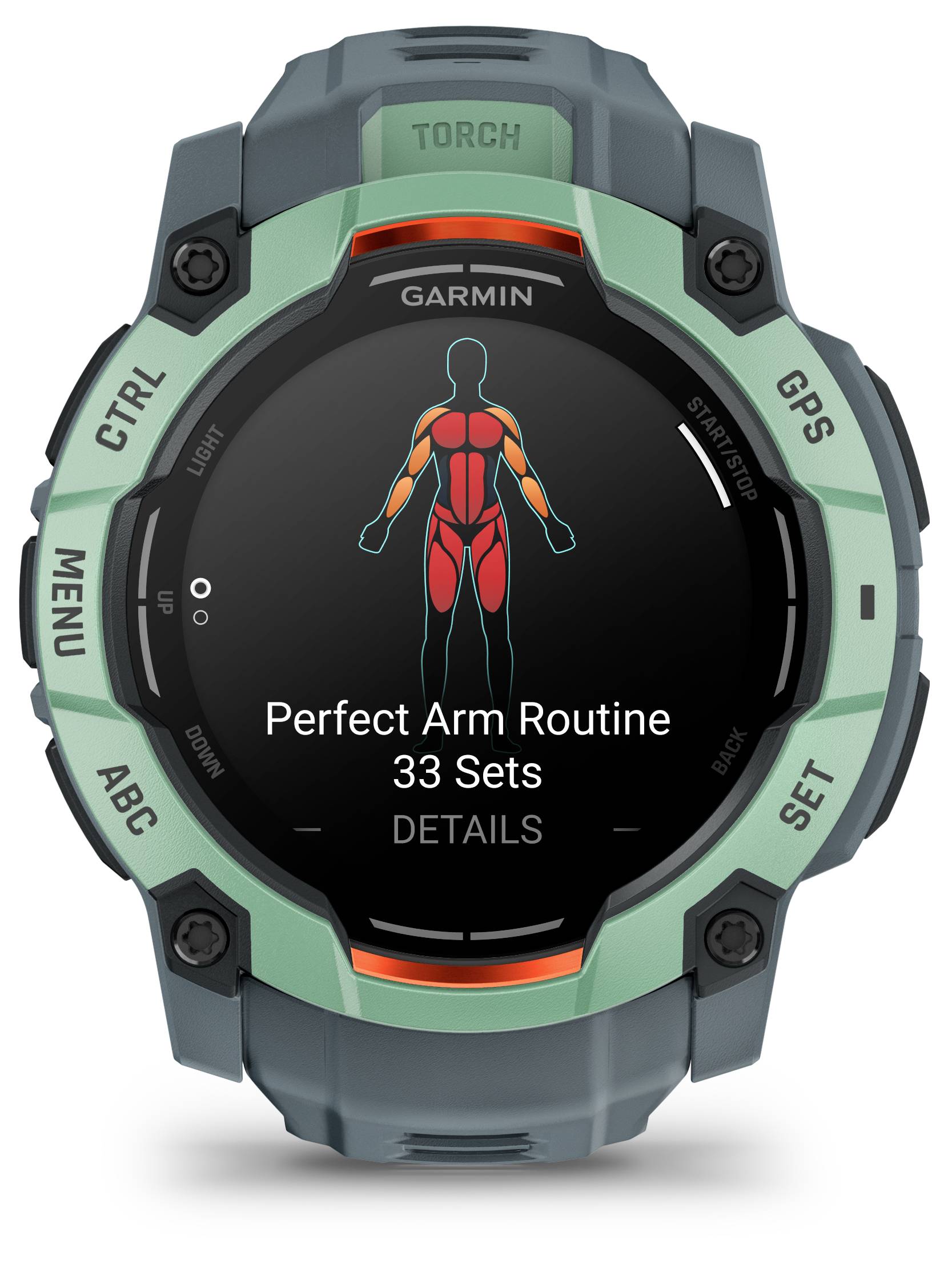 Smartwatch displays training plan 'Perfect Arm Routine' with 33 sets. Visualisation of muscle groups in red and blue on the display.
