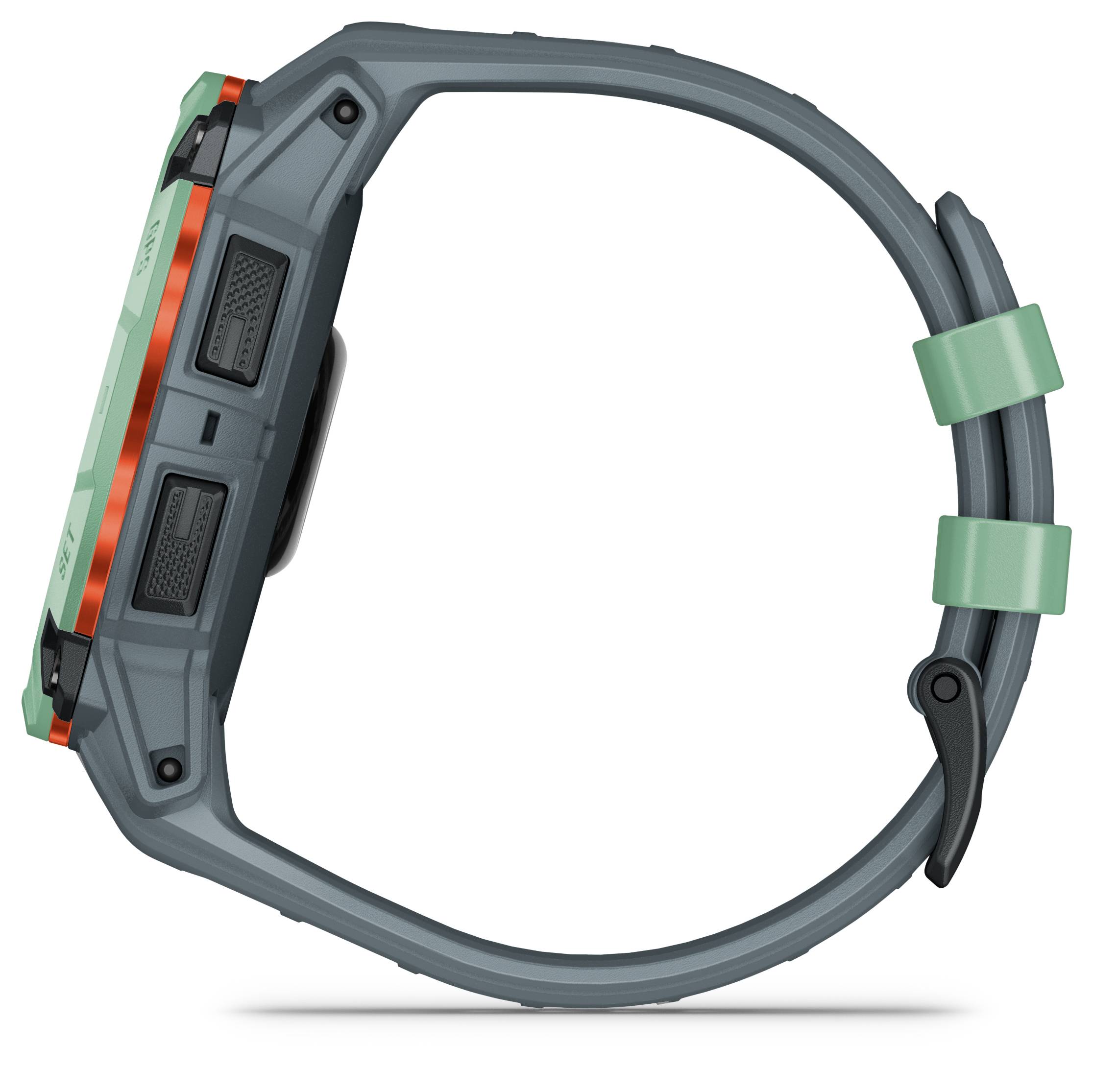 A side view of a robust smartwatch with green and orange casing and strap, suitable for outdoor activities.