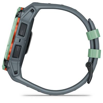 A side view of a robust smartwatch with green and orange casing and strap, suitable for outdoor activities.
