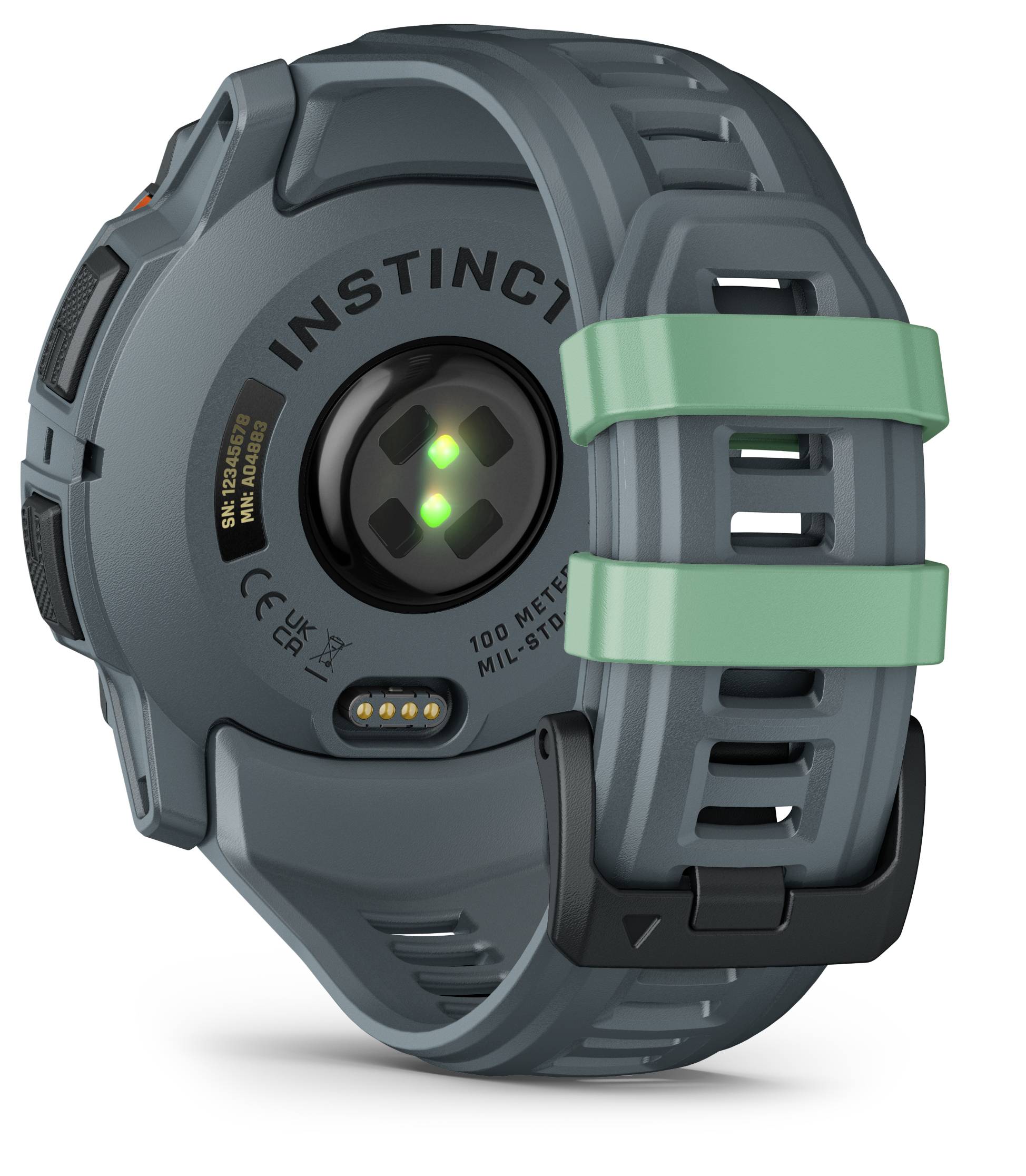 Back of a robust, grey digital wristwatch with a green accent on the strap, optical sensors and 'INSTINCT' marking.