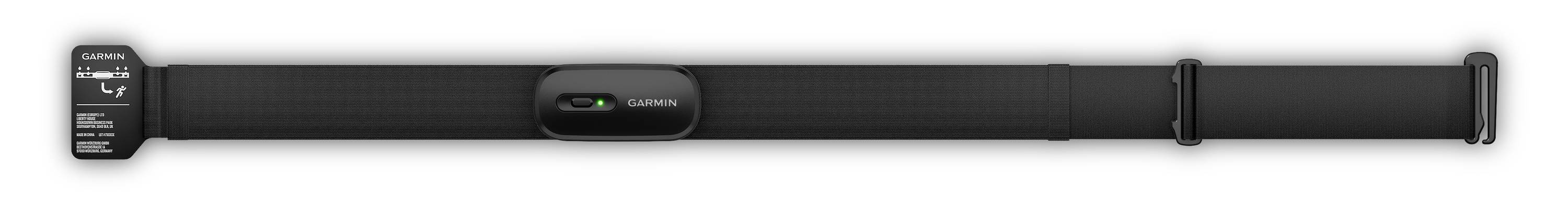 A black heart rate monitor strap with a sensor in the centre, designed for the wrist. Settings and the logo are visible on the left.
