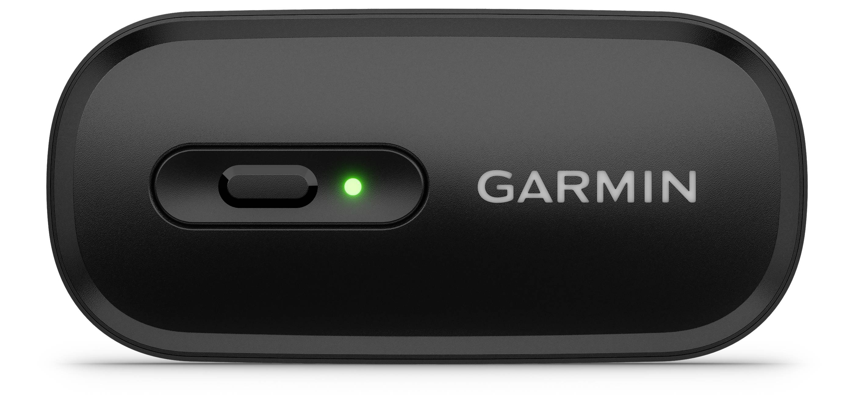 A black Garmin device with a green-illuminated LED display.