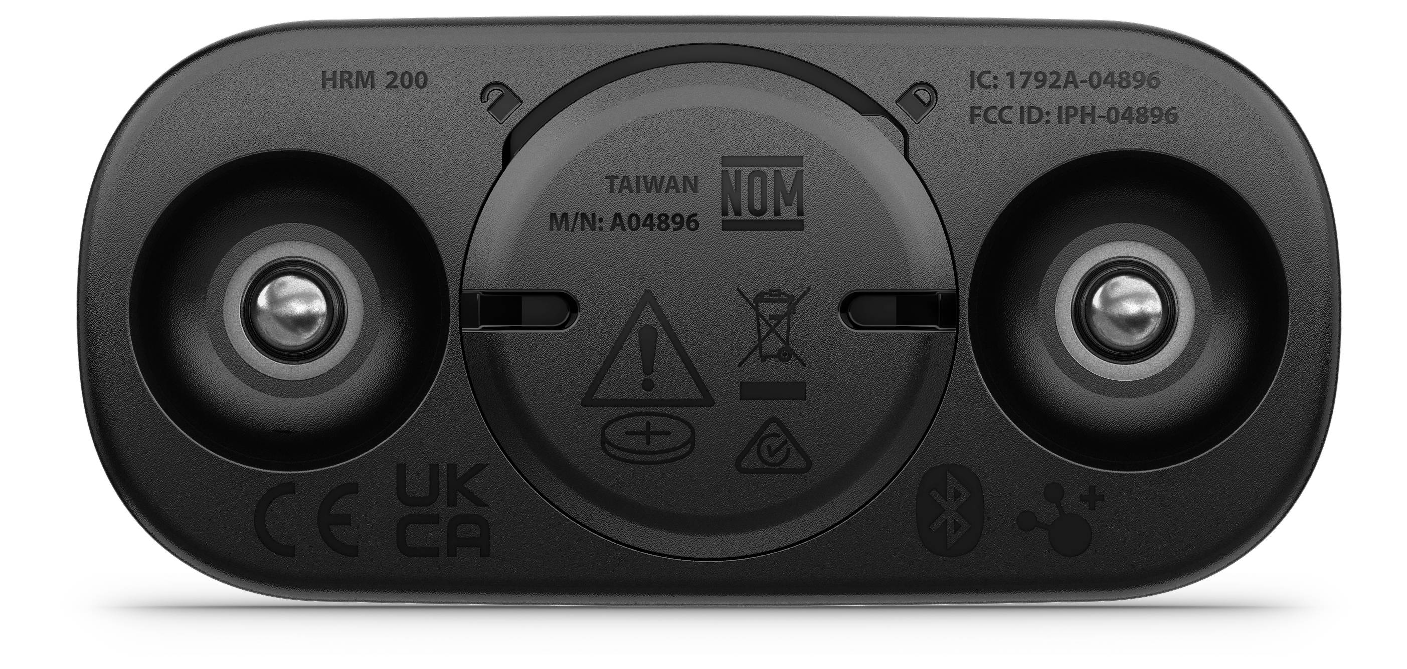 Back of an electronic device with various certification logos and model number 'HRM 200'.