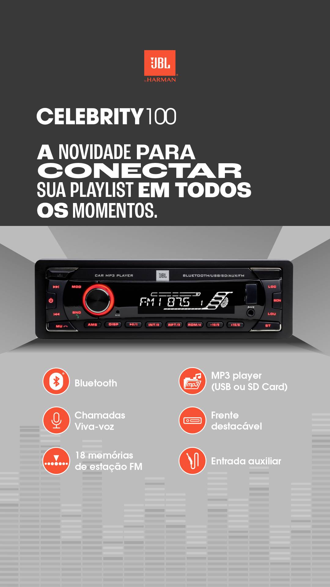 'Car radio with Bluetooth, MP3 player, hands-free kit, and AUX input. Image also shows icons for additional functions.'