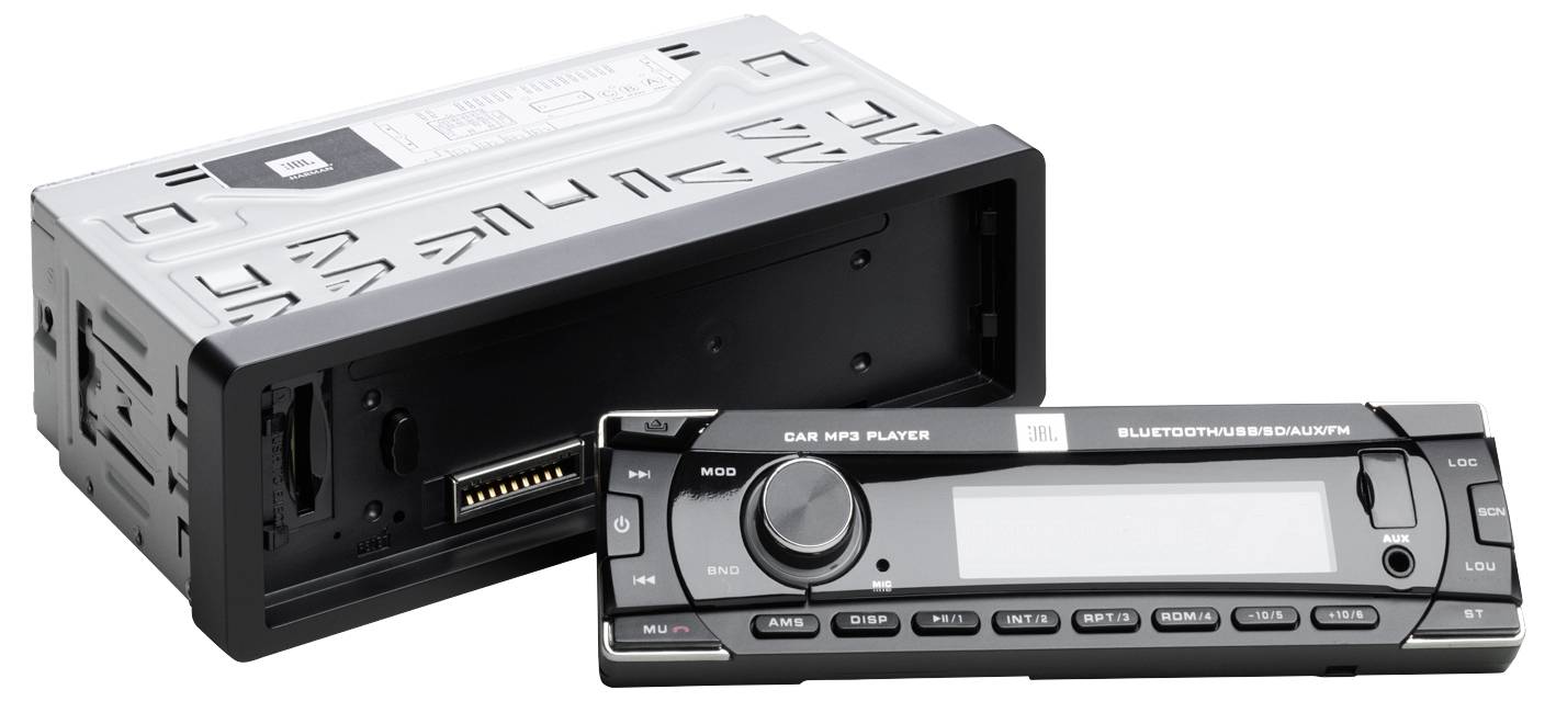 Car radio with a detachable control panel, various function buttons visible, designed for installation in a vehicle dashboard.