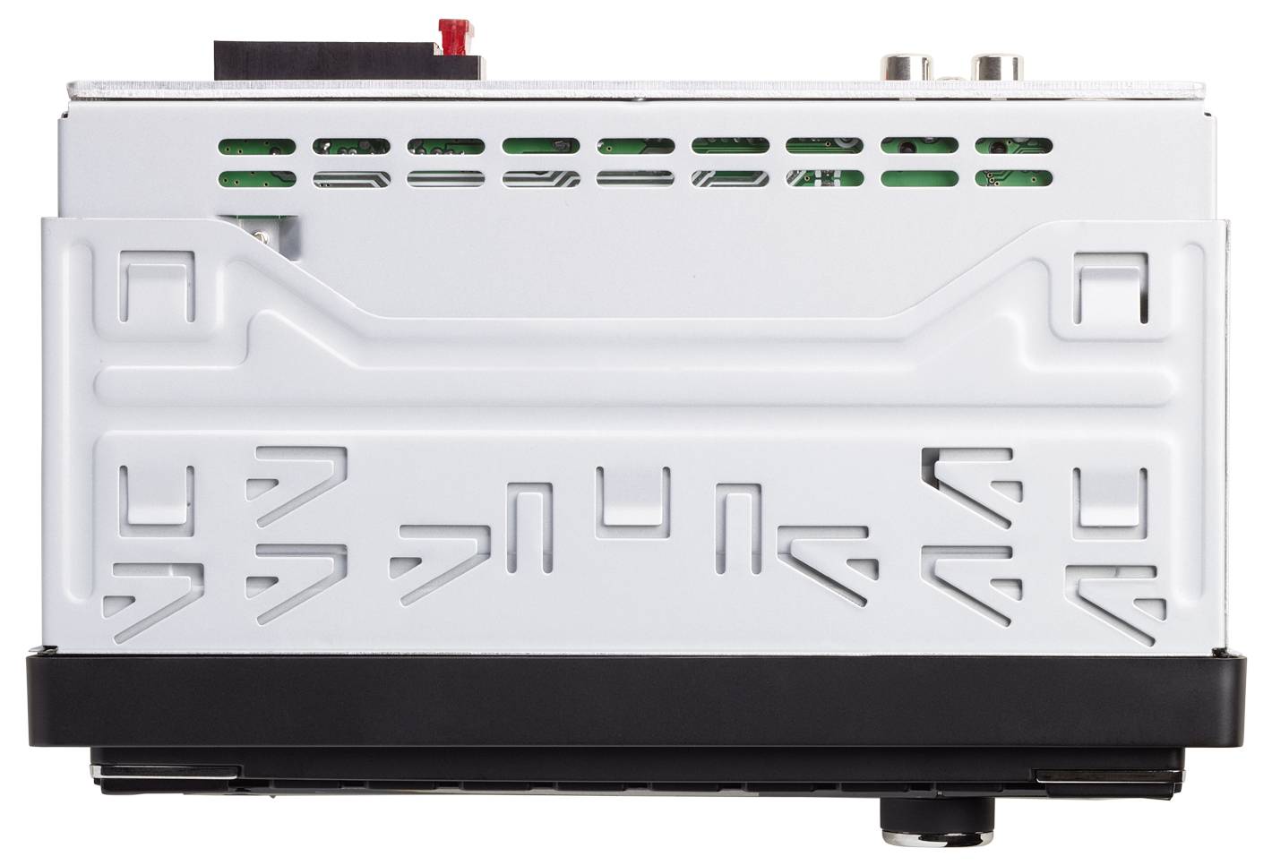 A white and black car radio unit with control buttons and ventilation slots on the front panel.