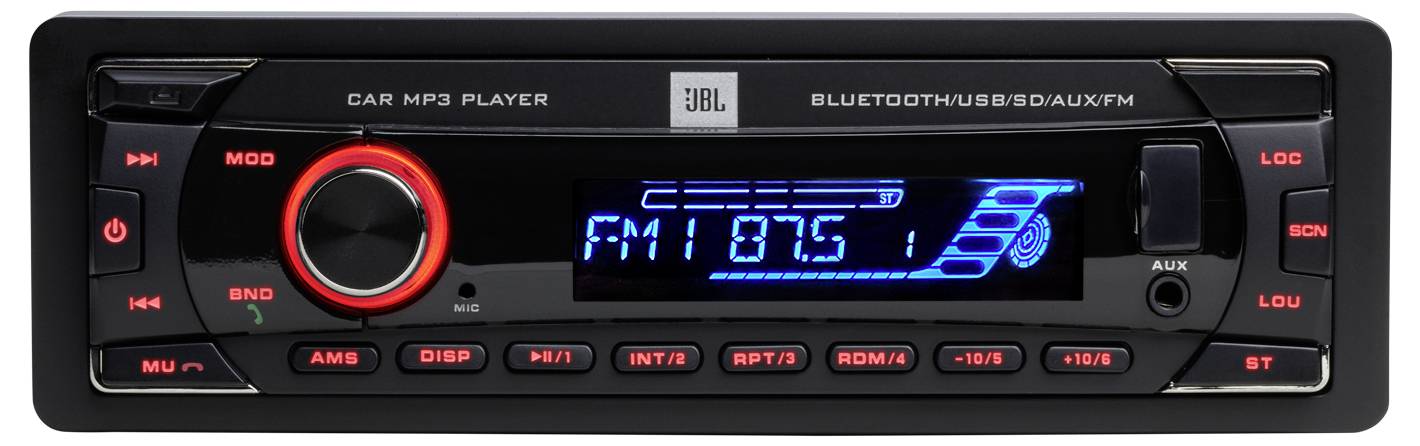 Car radio with display, showing 'FM 87.5'. Buttons for mode, send, and volume. Supports Bluetooth, USB, SD, AUX and FM.