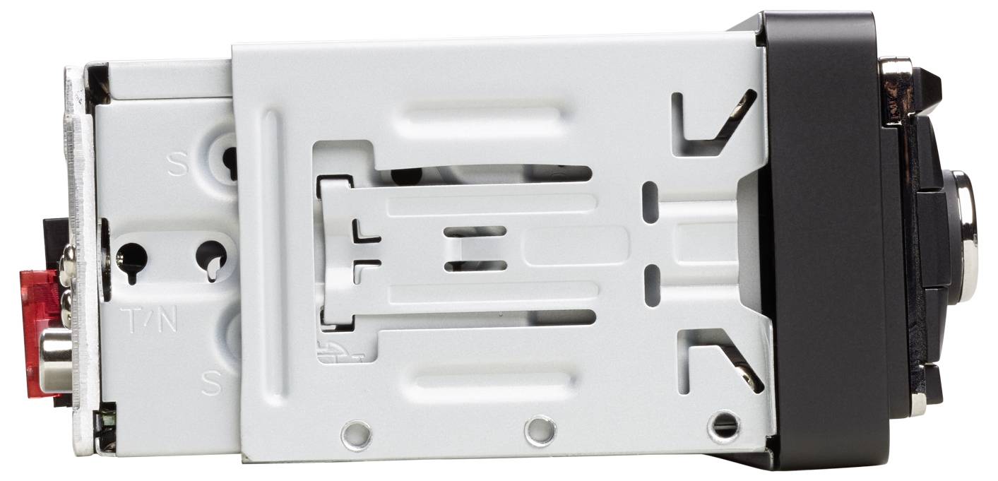 Back of car radio with metal casing and connections, including red/black plug on the left and cross-shaped cutout for mounting bracket.