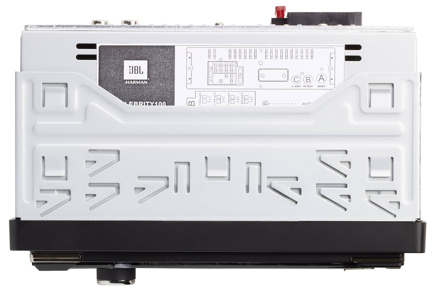 Silver JBL amplifier with schematic and connections on top. Includes input and output sockets as well as control knobs.