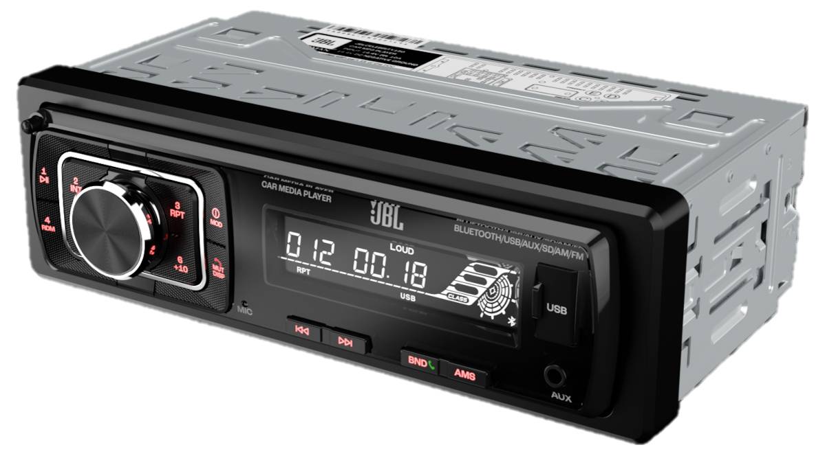 'Black car radio with Bluetooth and USB port. Display shows time 00:12:00:18. Buttons for volume, menu, AM/FM and AUX.'