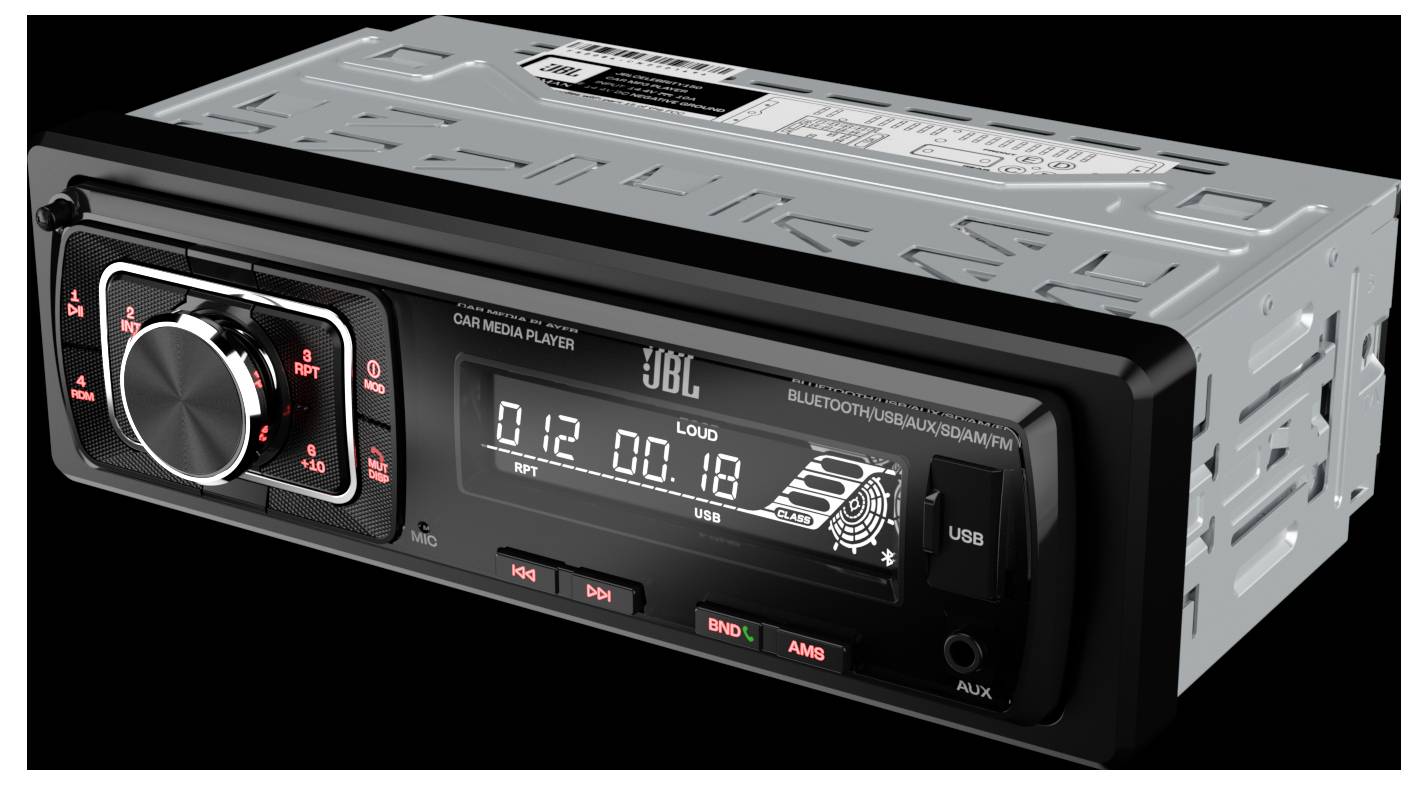 Car radio with Bluetooth functionality, USB and AUX ports. Display shows volume and playback time.