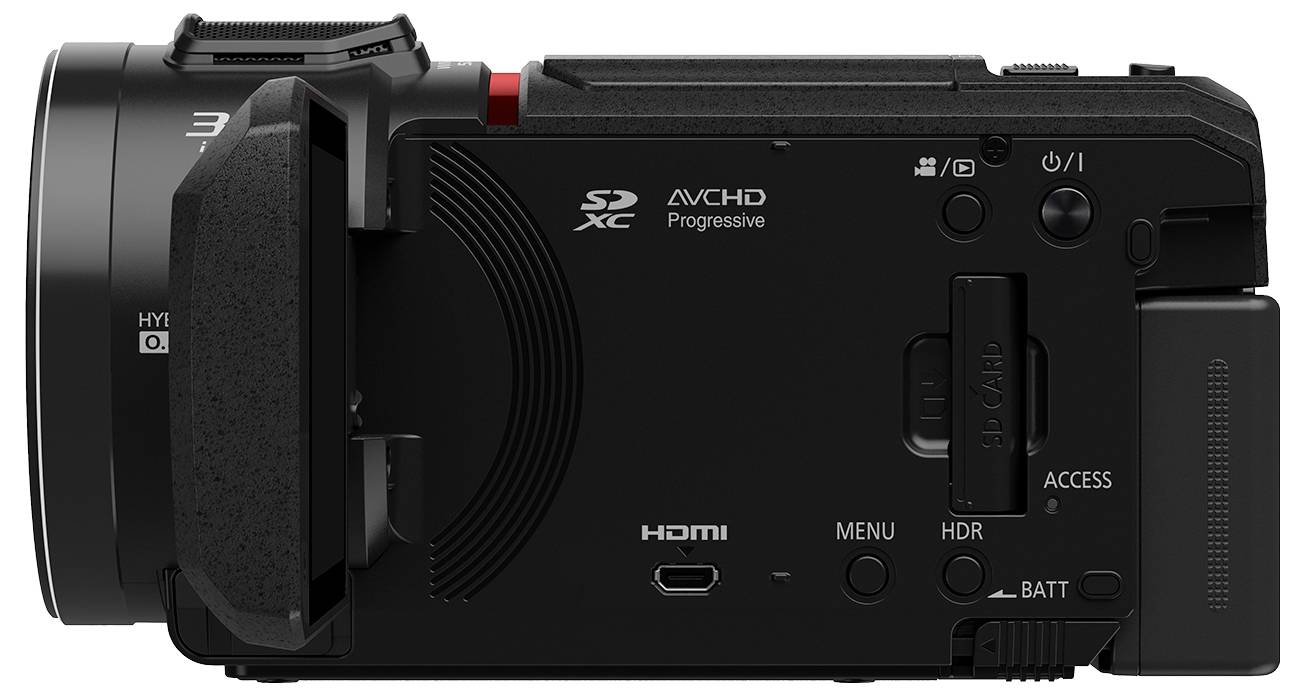 Black HD camcorder side view with SD card slot, HDMI port and control buttons for menu, access, HDR and battery.