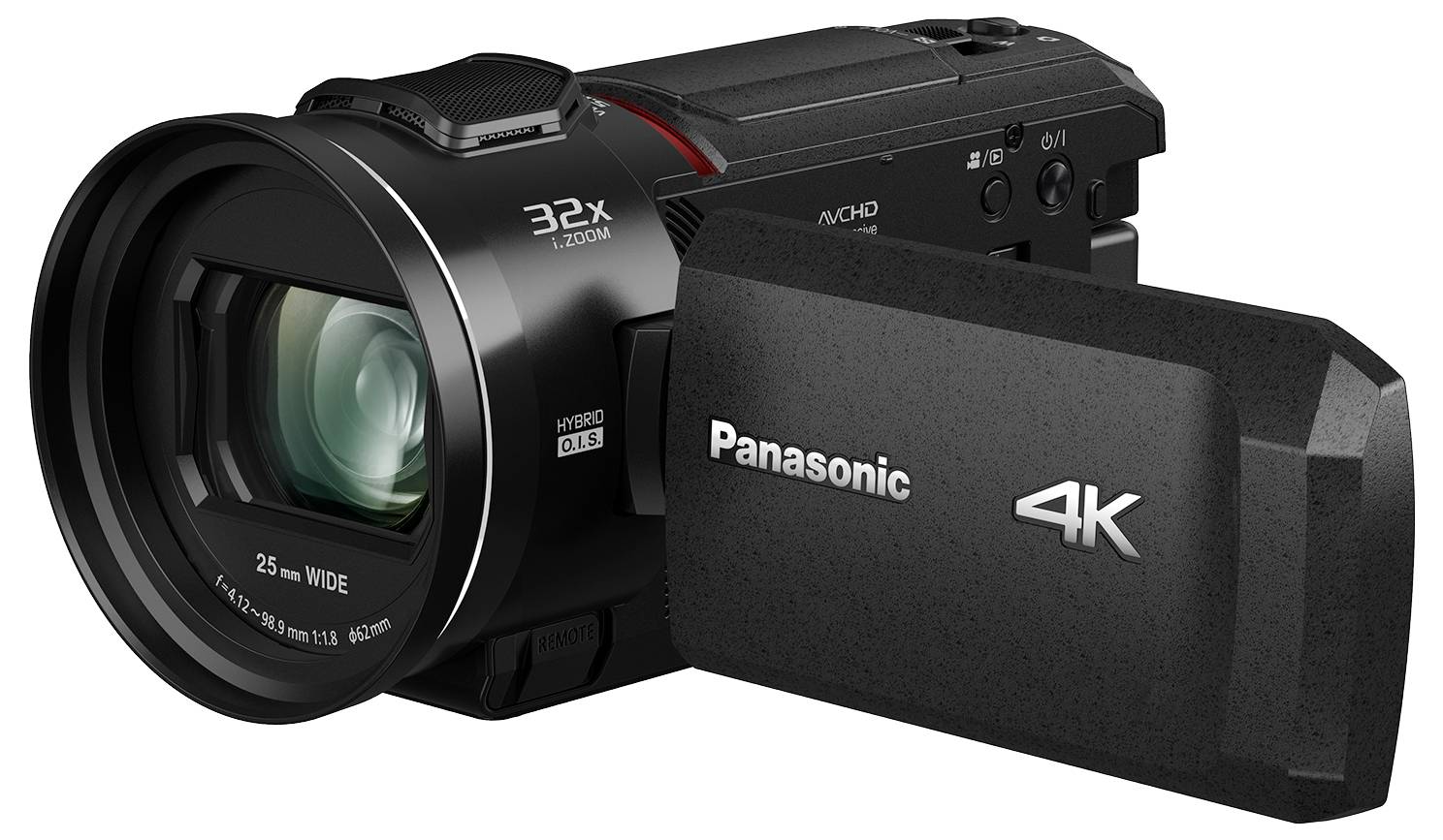 Digital camera by Panasonic with 32x zoom and 4K resolution, LCD screen is folded out.