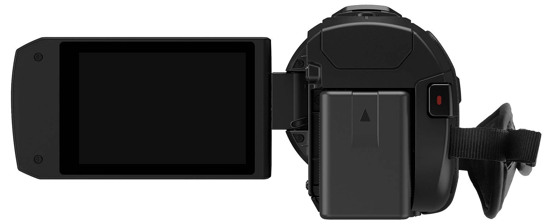 Digital camera with folded-out screen viewed from behind, showing the body and lens shape.