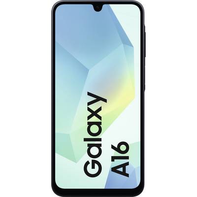 A smartphone with a black frame displays a screen with an abstract background in blue and green tones and the text 'Galaxy A16'.