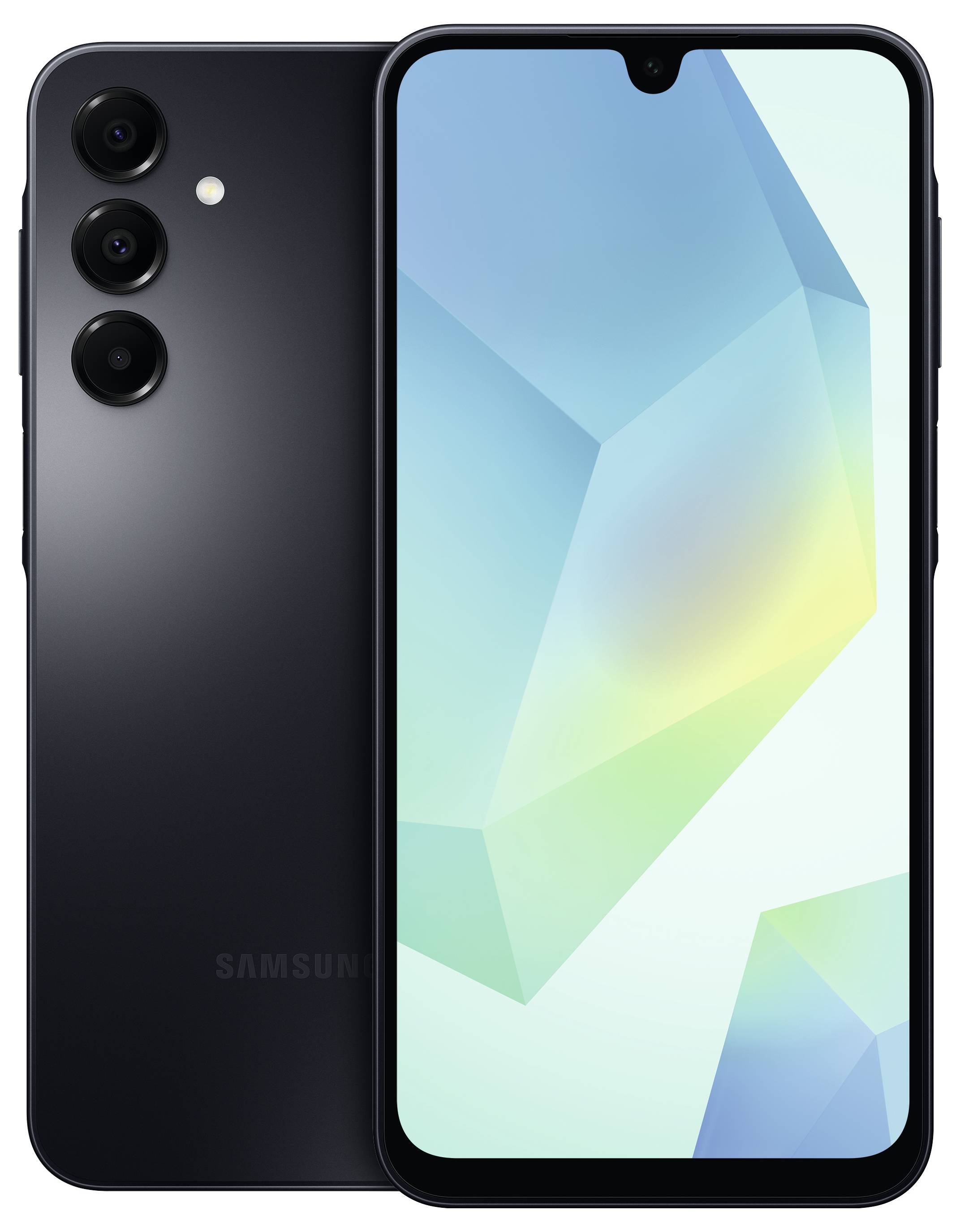 A black smartphone with three camera lenses on the back and a powered-on display showing an abstract image.
