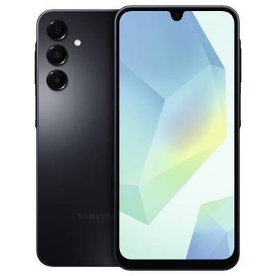 A black smartphone with three camera lenses on the back and a powered-on display showing an abstract image.