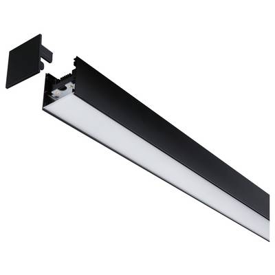A black LED light panel with a removable end piece hangs from the ceiling. It demonstrates its linear design and energy efficiency.