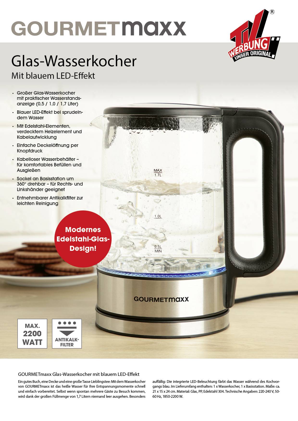 Electric glass kettle with blue LED effect, modern stainless steel design, 1.7 litre capacity, 2200 watts power.
