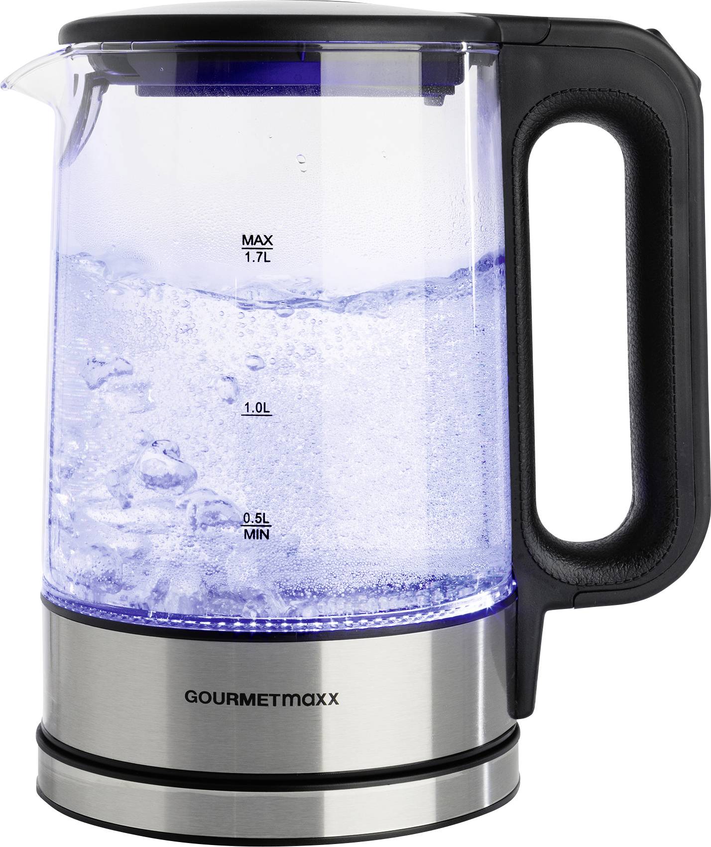 GourmetMaxx GOURMETmaxx Glas-Wasserkocher LED 1,7l 2200W Edelstahl/schwarz kabellos Kettle corded Black/stainless steel, Glass Capacity: 1.7 l
