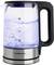 Glass kettle with LED lighting, filled with water up to the 1.5 L mark. Stainless steel base with black handle.