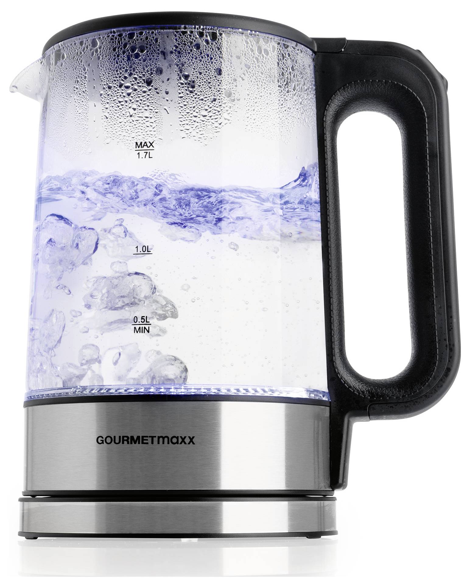 A transparent kettle with a black handle shows water levels up to 1.7 litres. Bubbles inside indicate that the water is boiling.