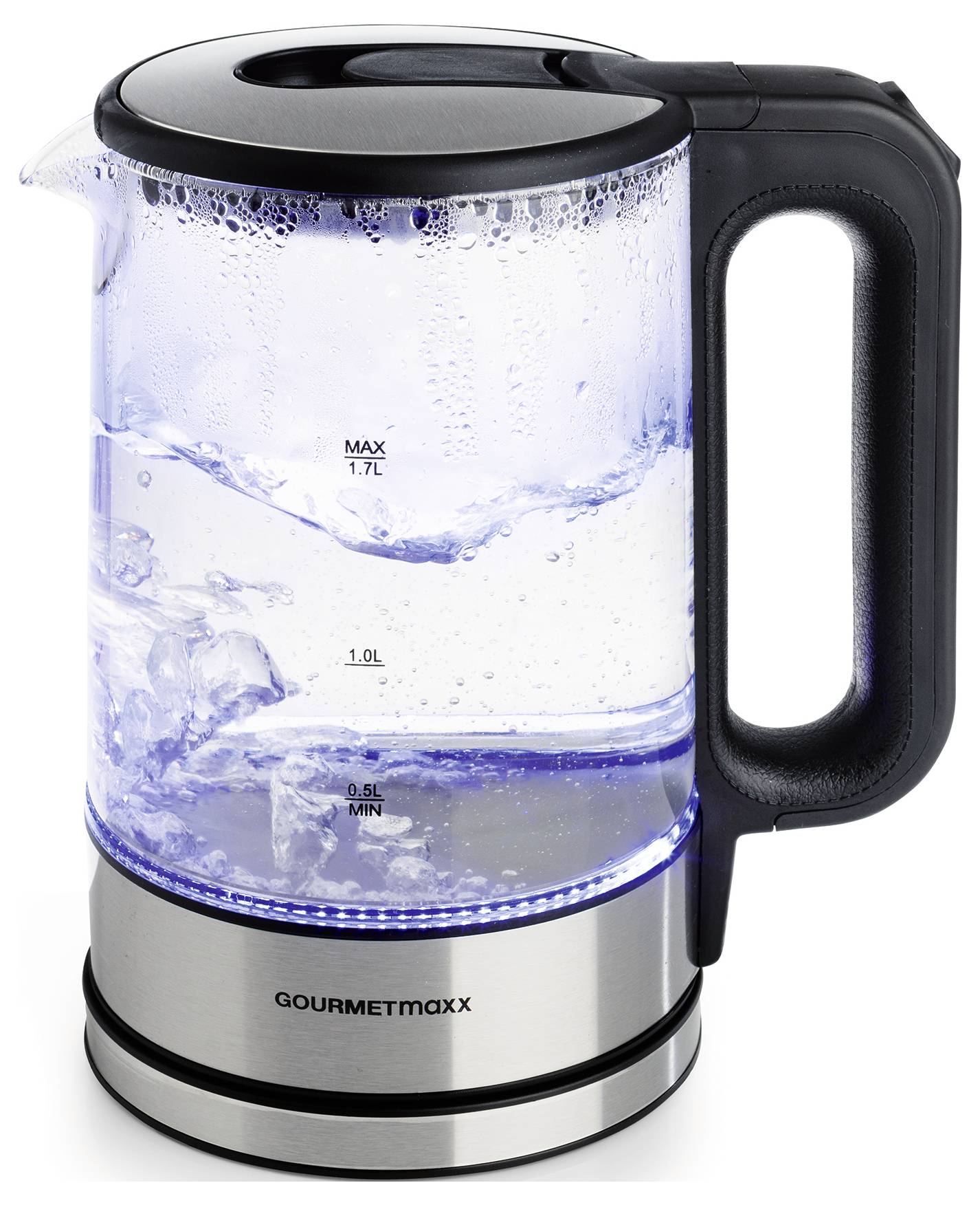 A transparent glass kettle with a black handle shows water boiling up to the 1.7-litre mark.