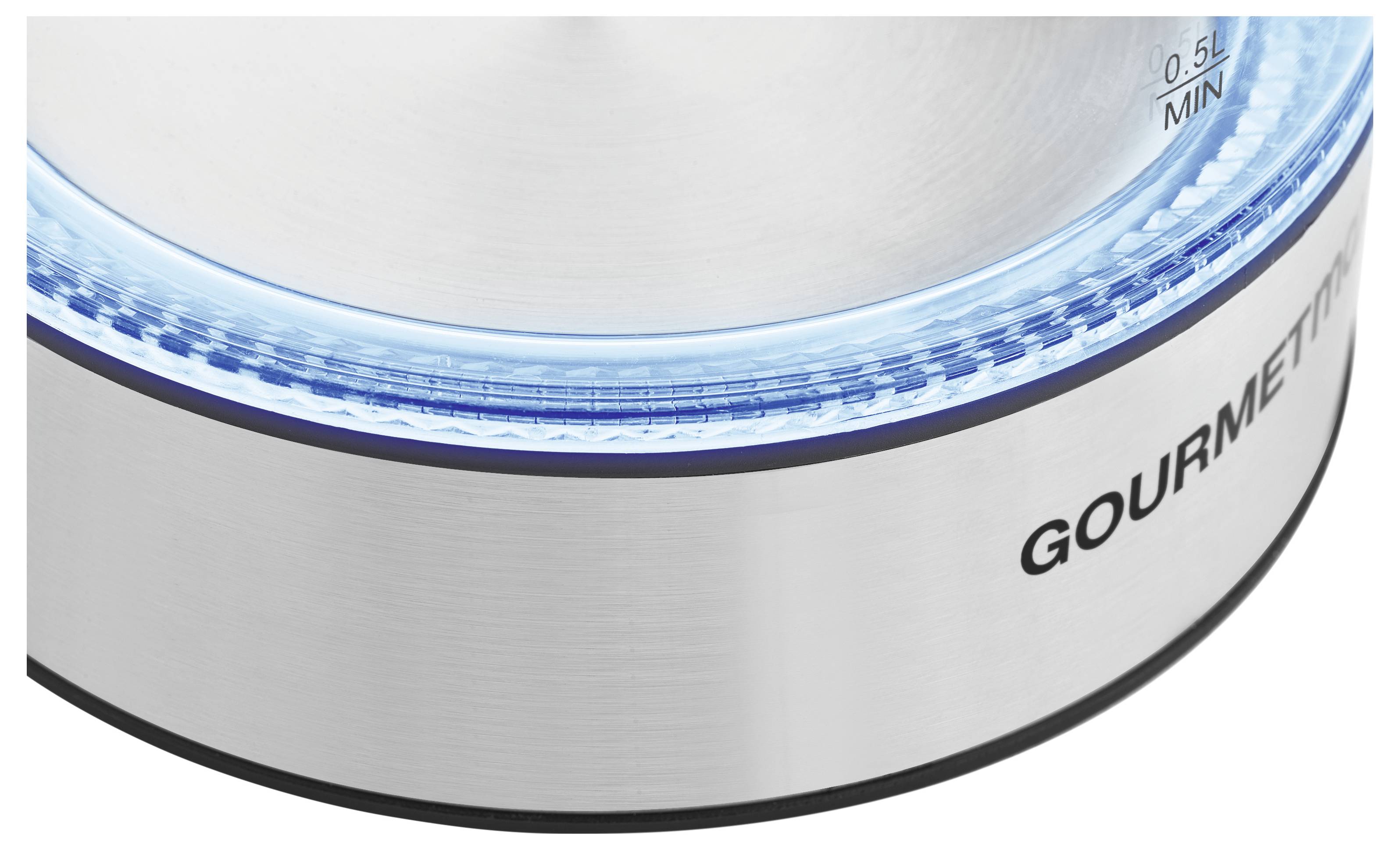'Stainless steel base of a kettle with a blue illuminated LED ring and 'Gourmetmaxx' inscription visible.'